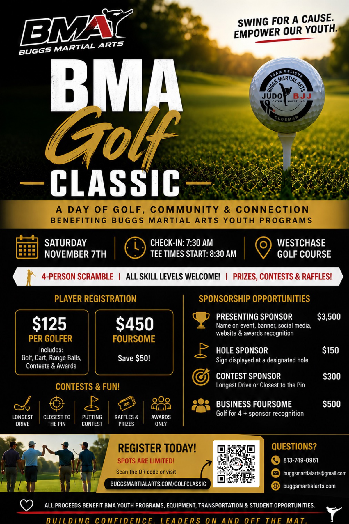 Promotional flyer for BMA Golf Classic 2025, a Buggs Martial Arts youth program. The flyer features a dark green and gold golf course background with a golf ball graphic, text detailing the event dates, registration fees, prizes, and sponsorship opportunities, along with contact information and a QR code.