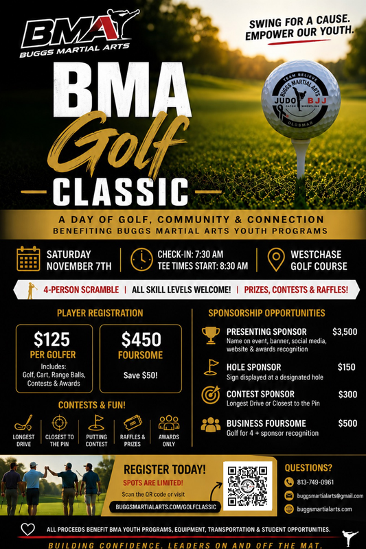 Promotional flyer for BMA Golf Classic 2025, a Buggs Martial Arts youth program. The flyer features a dark green and gold golf course background with a golf ball graphic, text detailing the event dates, registration fees, prizes, and sponsorship opportunities, along with contact information and a QR code.